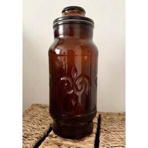 VINTAGE Borden Dark Amber Glass 9" Canister Apothecary Jar & Lid Fleur-De-Lis